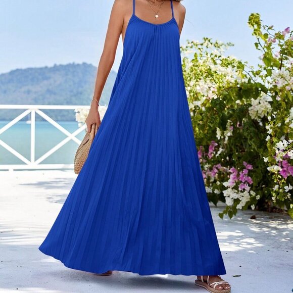 Royal Blue Casual Women's Loose Pleated Backless Spaghetti Strap Dress - Picture 4 of 5